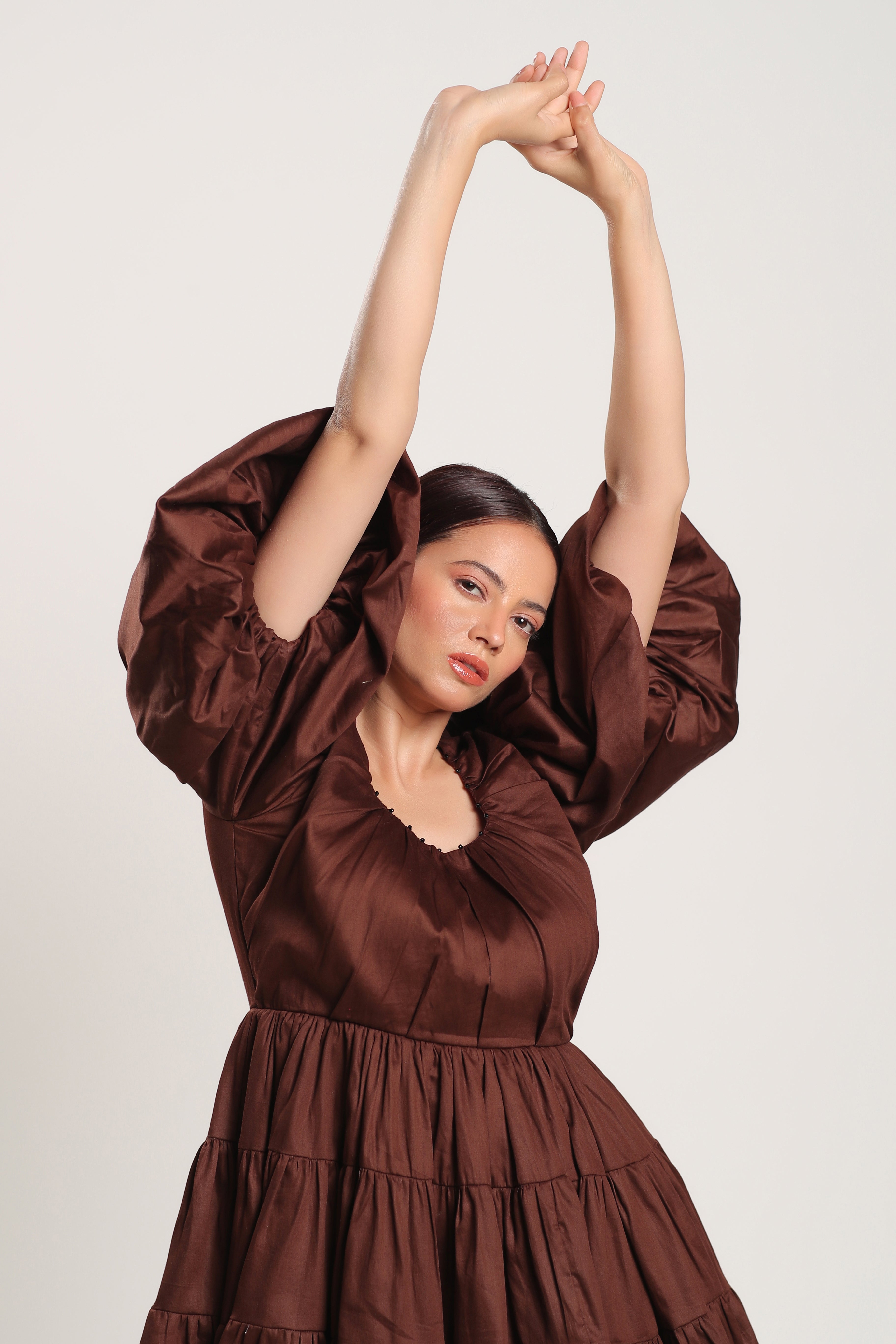 Shop PUFF SLEEVE BROWN MINI DRESS – ANS