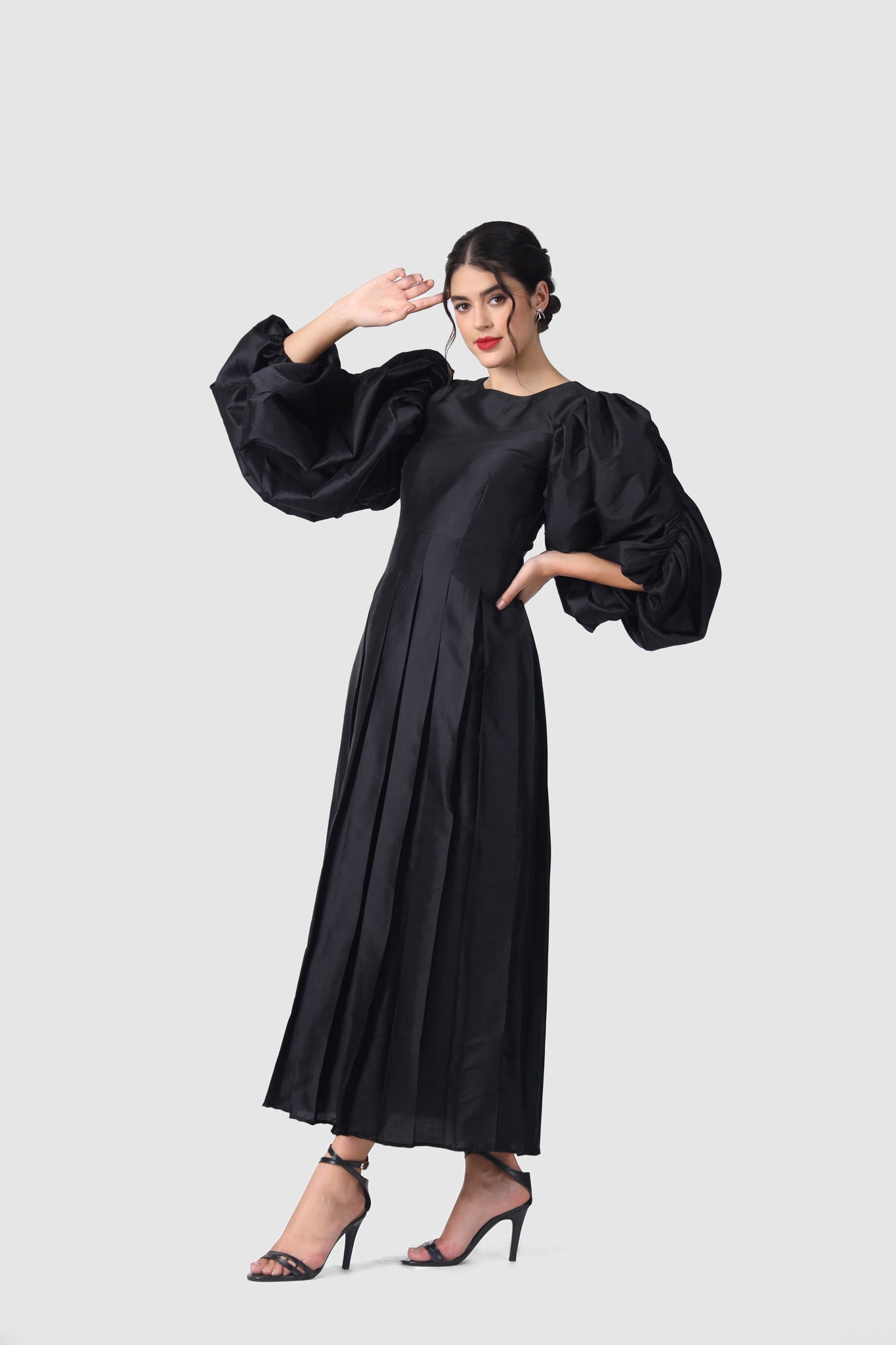 Shop Black PUFF SLEEVE MIDI DRESS ANS Shop Black PUFF SLEEVE MIDI DRESS ANS